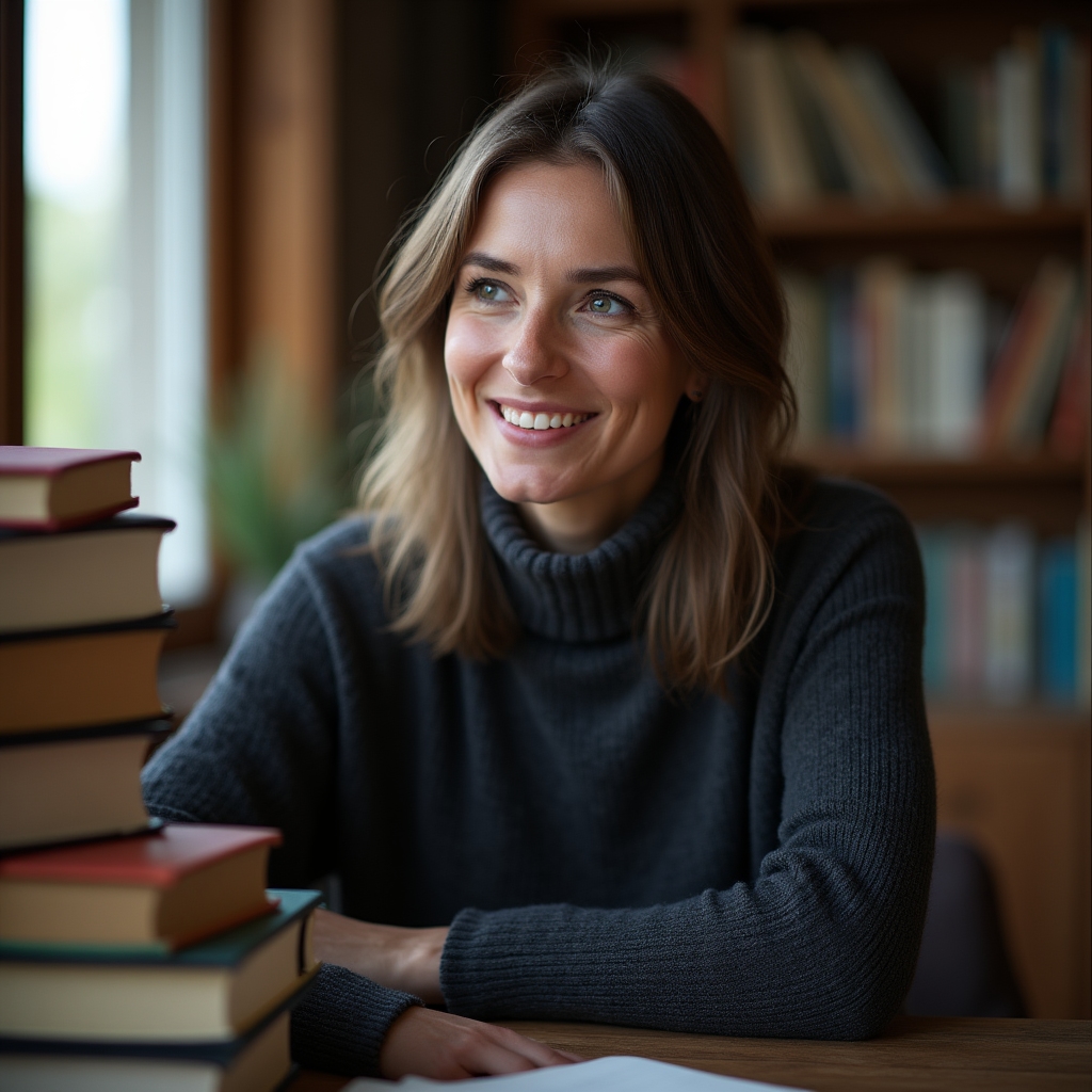 Porträt der Person, die die Texte auf Milvantis schreibt, an einem Schreibtisch mit Büchern
