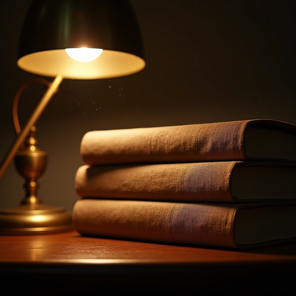 Mehrere Sachbücher gestapelt neben einer Leselampe auf einem Holztisch