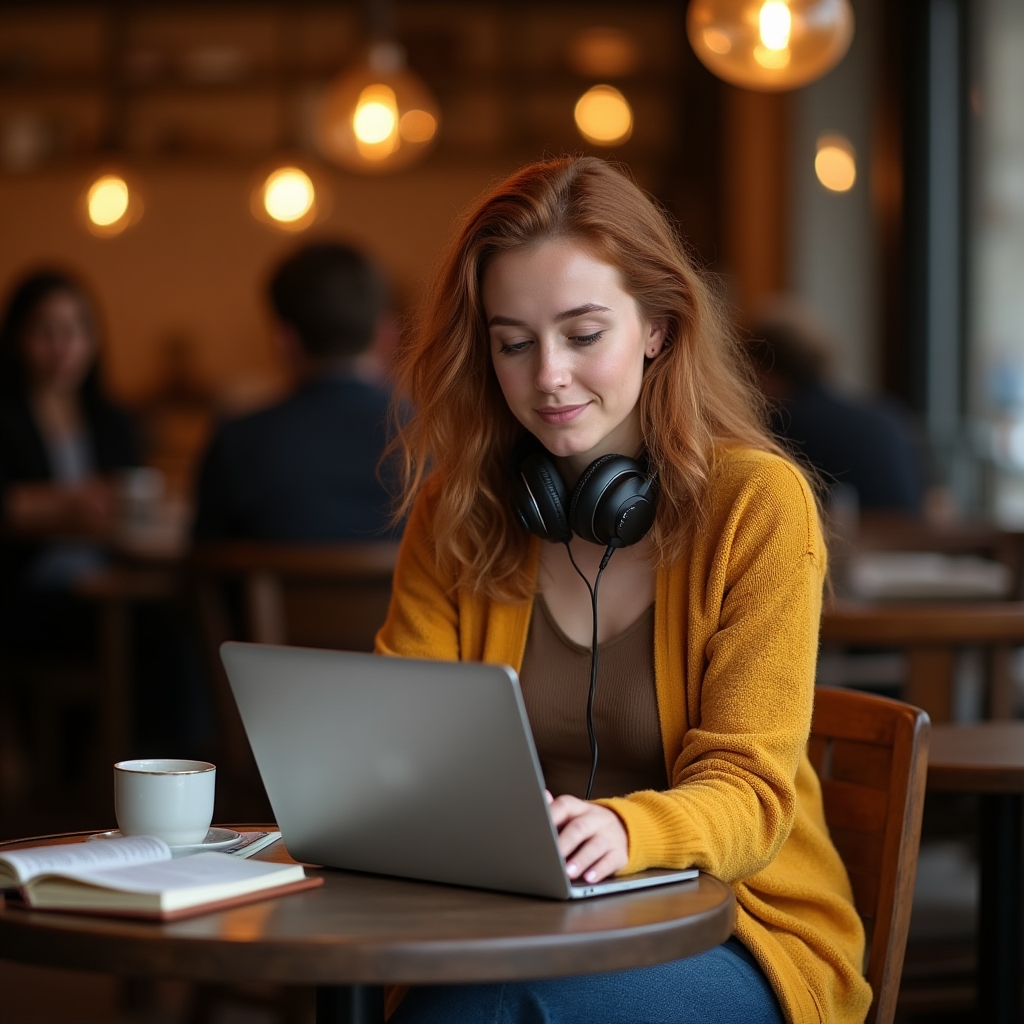 Person mit Laptop und Notizbuch lernt fokussiert in einem Café