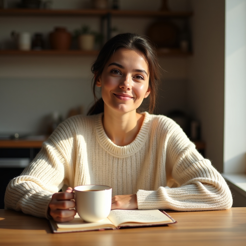 Frau liest am frühen Morgen mit Notizbuch und Kaffee am Küchentisch