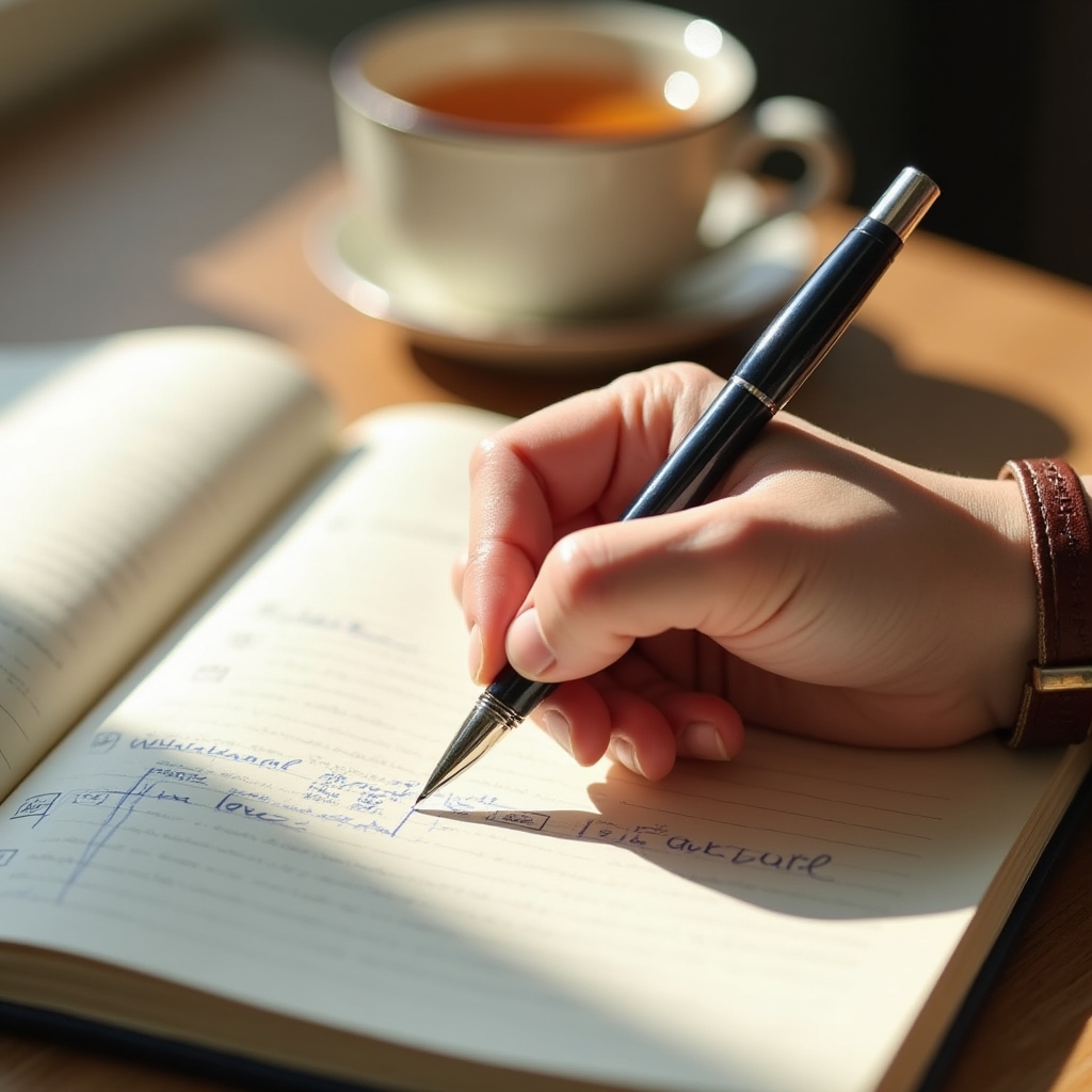 Aufgeschlagener Wochenplaner mit handschriftlichen Lernzielen und einem Stift