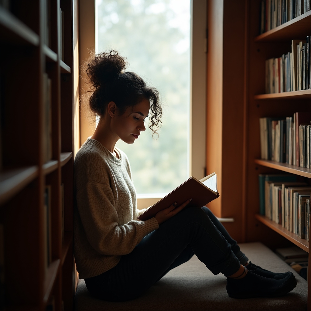 Person sitzt konzentriert in einer ruhigen Leseecke einer Bibliothek