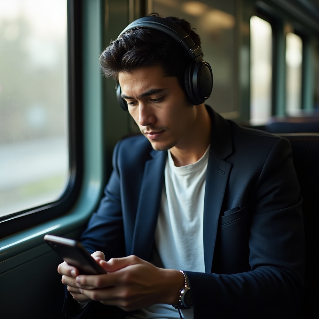 Berufstätiger nutzt eine Lern-App auf dem Smartphone während der Bahnfahrt
