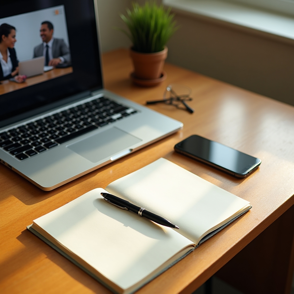 Übersichtlicher Schreibtisch mit Laptop, auf dem ein Universitätskurs geöffnet ist
